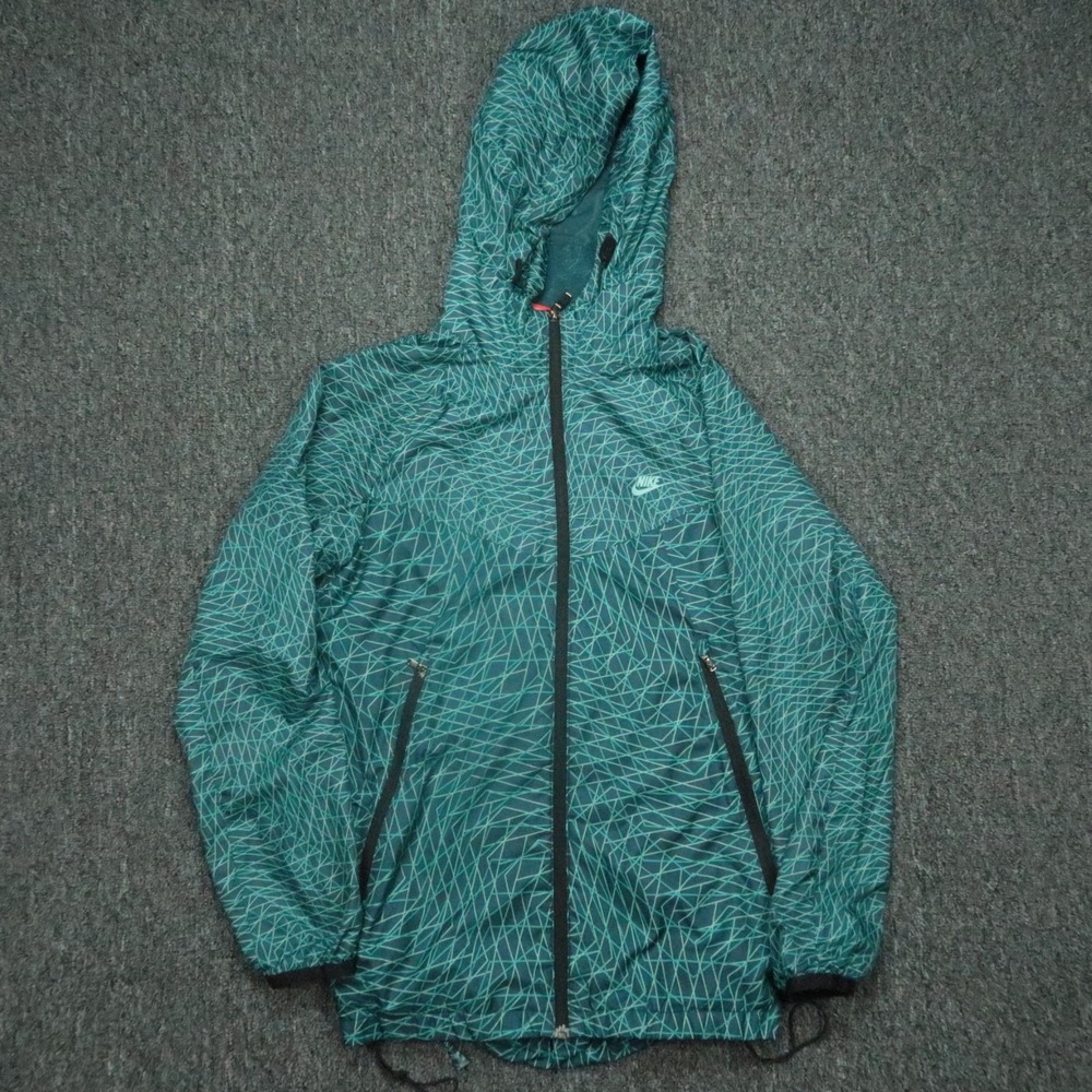 Nike Jacket Womens Small Blue Green‎ Windrunner Grid Print Hooded Windbreaker